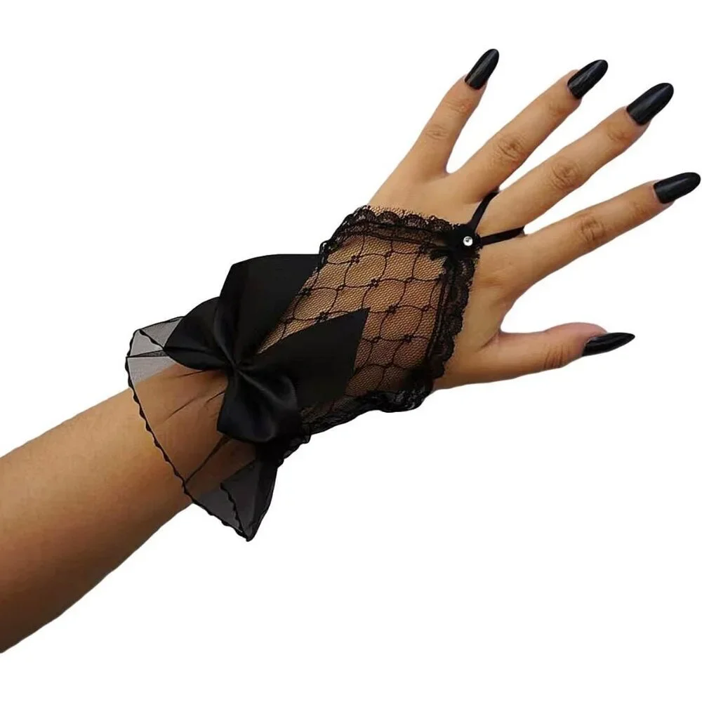 Women's Front Wrist Cuff Floral Lace Bow Wrist Black Mesh Bridal Prom Gloves